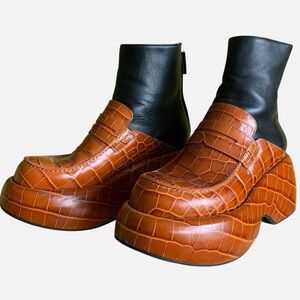 Loewe orange croc-embossed leather & calfskin loafers with 2" platform, 3" heel.